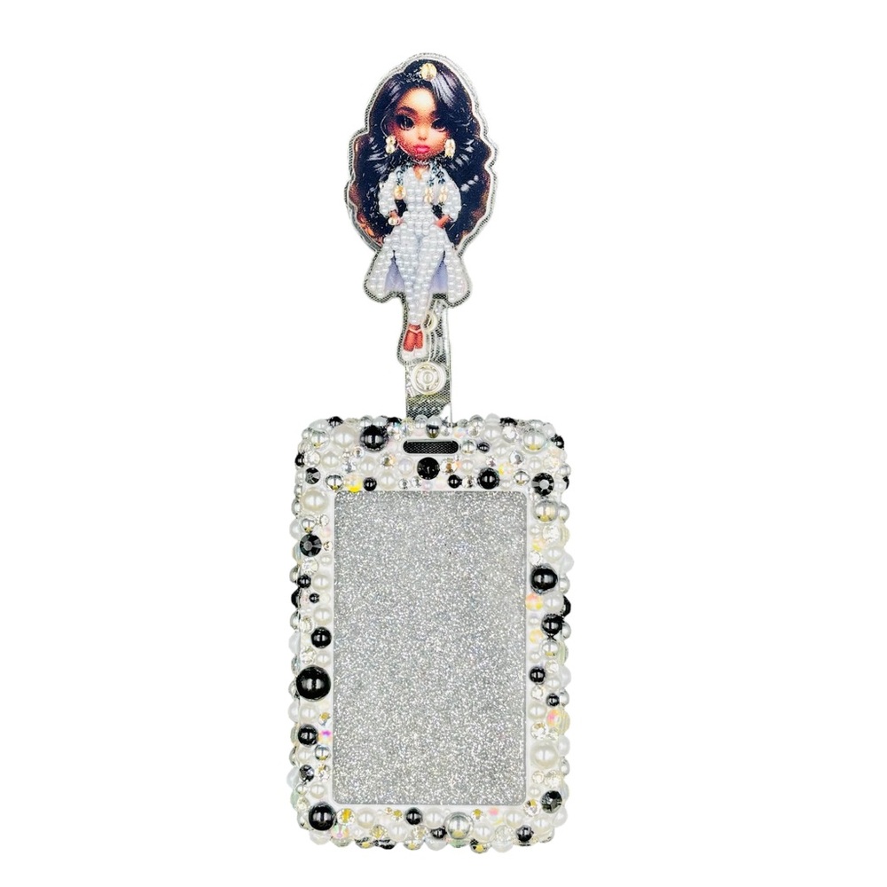Bling Pearl Fashion Work Name Badge ID Card Holder & Retractable Clip Silver